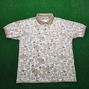 KT Golf Polo Shirt Mens XL Beige White Vintage All Over Print Preppy Casual